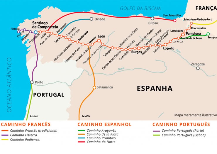 Mapa com as rotas para Santiago de Compostela